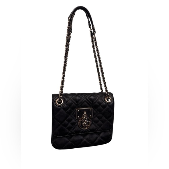 Guess Handbags - Guess Black Small Quilted Flap Chain Shoulder Bag Gold Tones Magnetic Closure